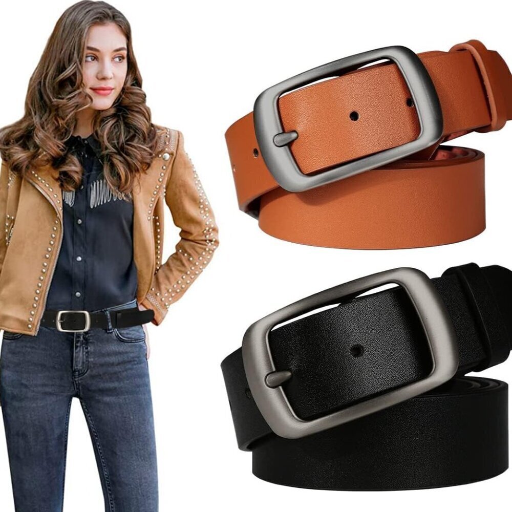 2 Pack Women's Leather Belt 1.3 inch Adjustable Casual Dress Jeans Accessory